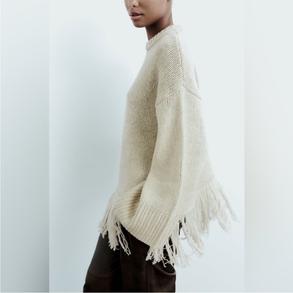 Zara 100% Wool Cream Fringe Hem Sweater - Picture 3 of 12